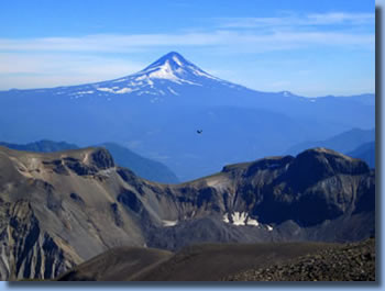 View of lanin Volcano on Sollipulli horse back  trek in the chilean Andes